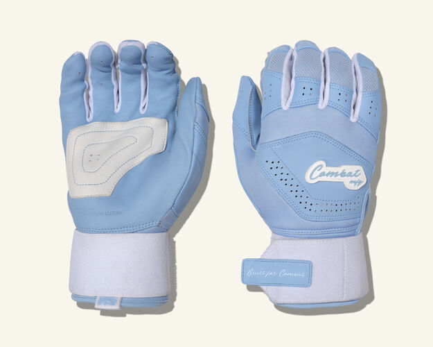 COMBAT MFG Yin Yang Long Strap Batting Gloves, White/Columbia Blue, Medium