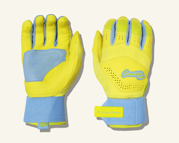 COMBAT MFG Yin Yang Long Strap Batting Gloves, Columbia Blue/Lemonade Blitz, Large