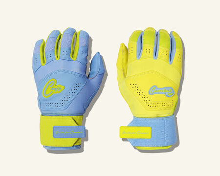 COMBAT MFG Yin Yang Long Strap Batting Gloves, Columbia Blue/Lemonade Blitz